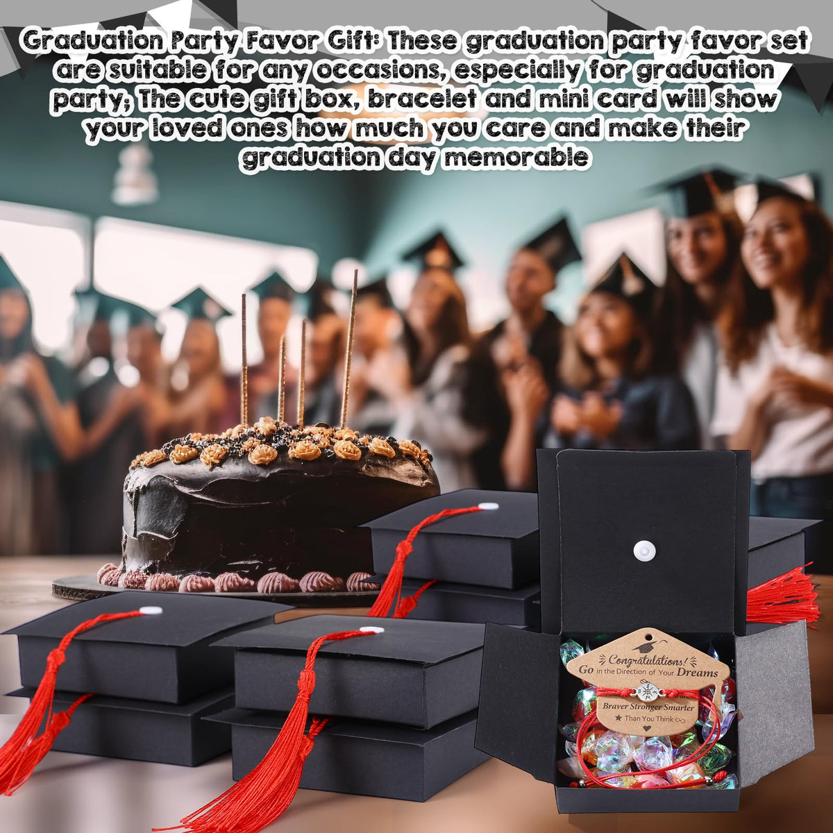 Cunno 50 Sets 2026 Graduation Gifts Bulk Include 50 Compass Bracelet 50 Graduation Cap Box with Tassel 50 Congratulations Cards, Party Favors Party Supplies for Him Her(Black Red)