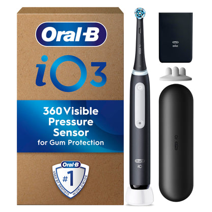 Oral-B iO 3 Matt Black Ultimate Clean Electric Toothbrush, 1 Refill Holder, 1 Charger Pouch, 1 Travel Case, Designed by Braun, Packaging May Vary