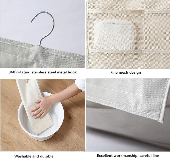 Closet Hanging Organizer with Mesh Pockets & Rotating Metal Hanger, Dual Sided