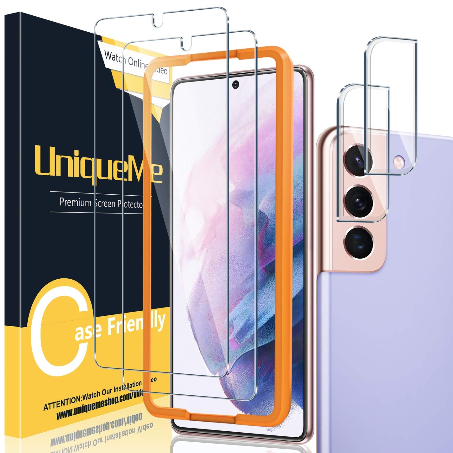 UniqueMe [2+3 Pack Compatible with Samsung Galaxy S21 5G - 6.2 inch Tempered Glass + Camera Lens Protector Screen Protector with Easy Installation Frame[9H Hardness]