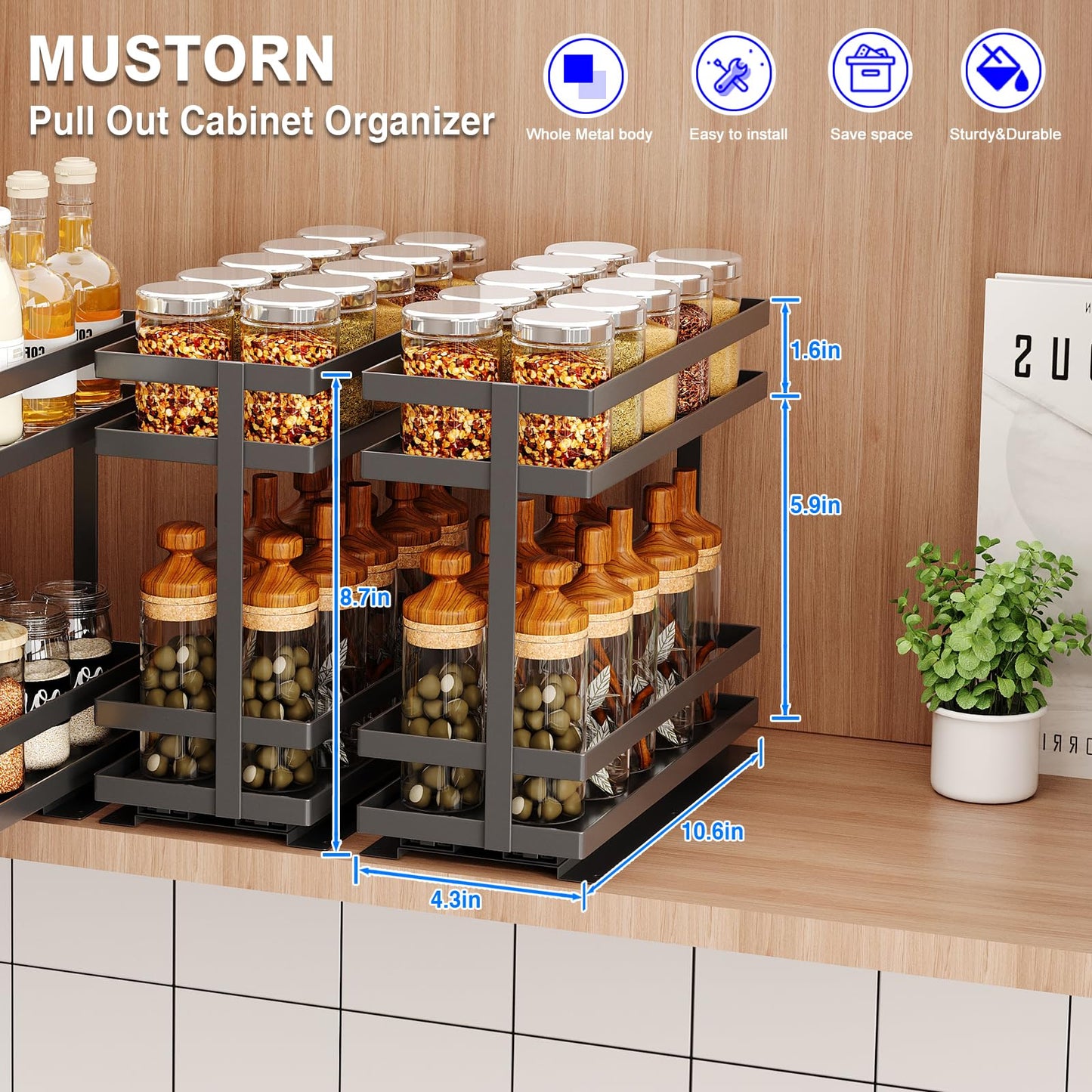 Mustorn 2 Pack Pull Out Spice Rack Organizer for Cabinet, 2 Tier Metal Slide Out Seasoning Organizer and Storage Heavy Duty Vertical Spice Rack Shelf Pullout for Kitchen Cabinets No Drilling (Black)