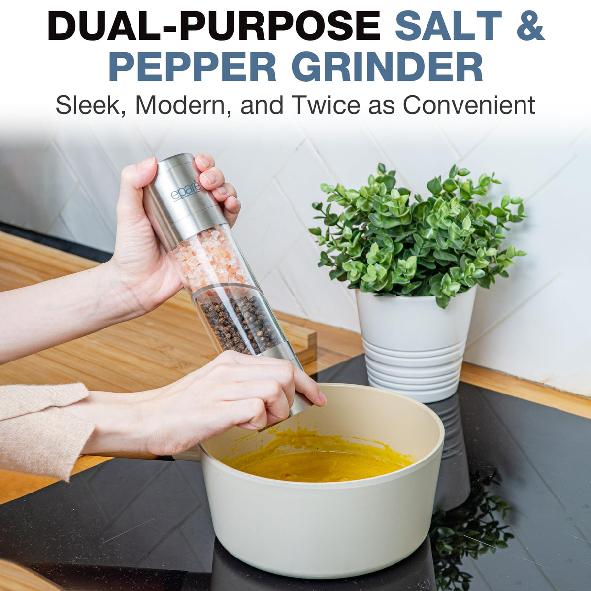 Eparé 2 in 1 Salt and Pepper Grinder Combo – Dual Space Saving for Kitchen & Dining - Manual Stainless Steel Salt and Pepper Grinder in One