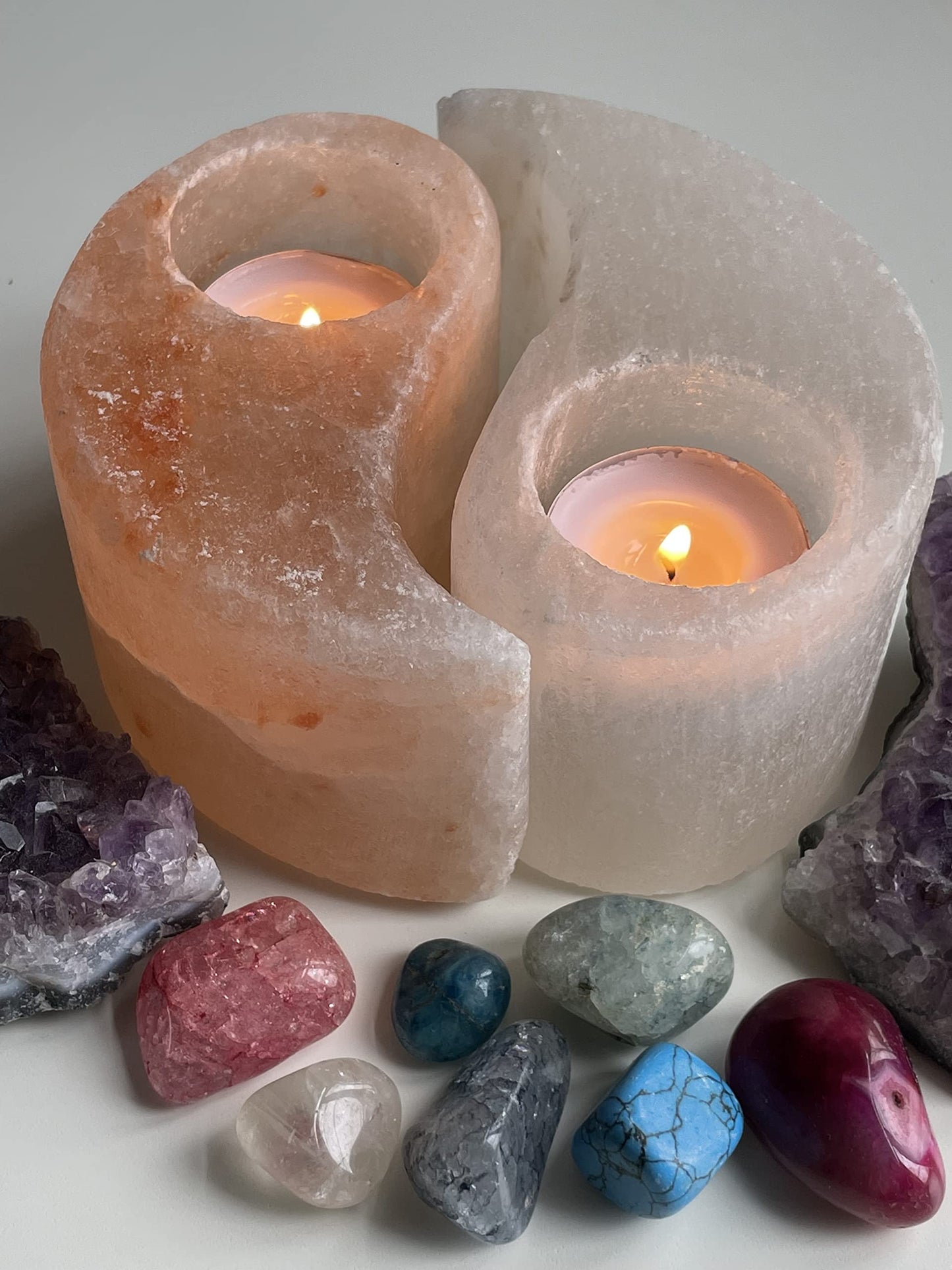 Himalayan Salt Yin-Yang Tealight Candle Holder, Pink & White, Aesthetic & Trendy Home Decor, Unique Gift Ideas