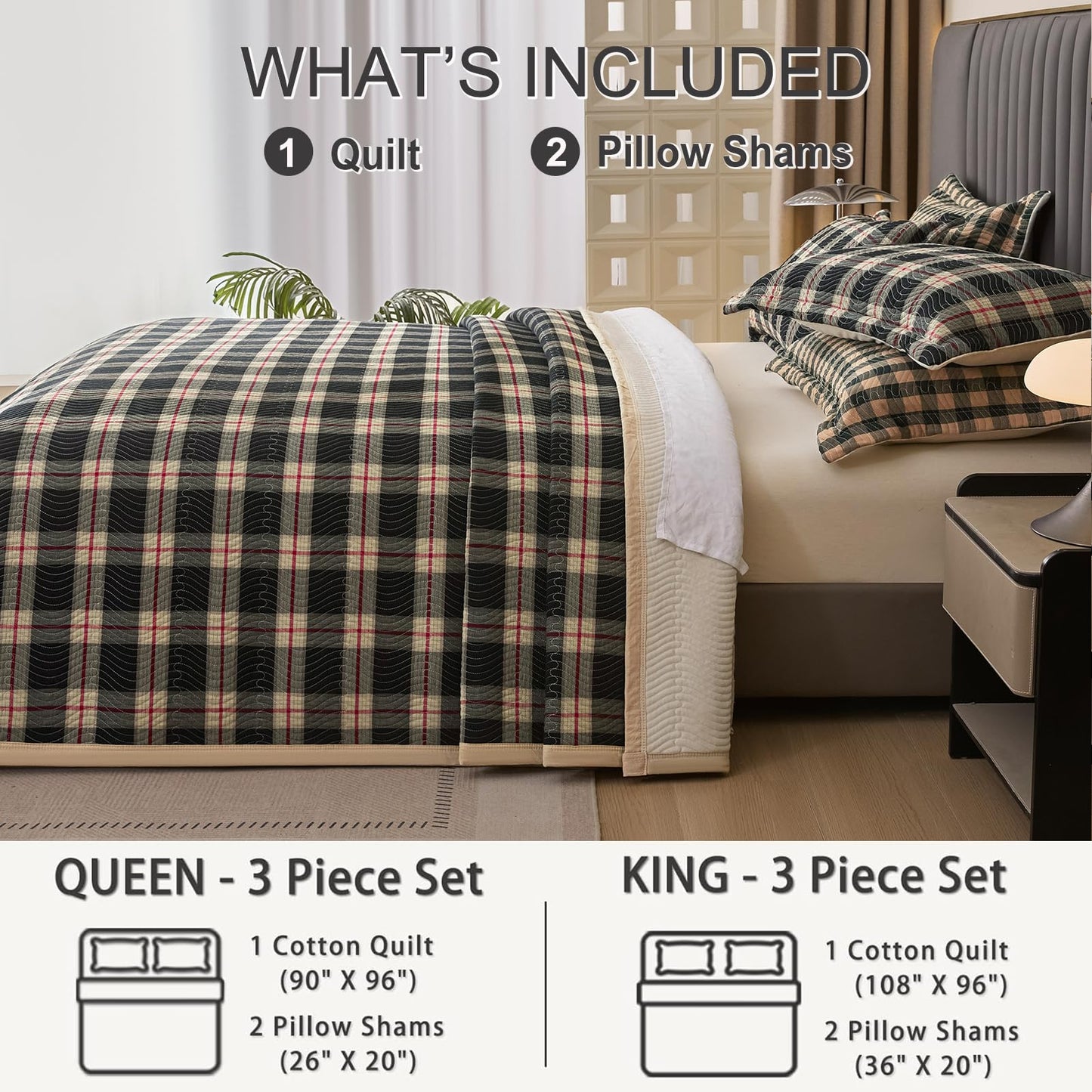 tohrisa Cotton Plaid Quilt Set, Ultra Soft 3 Pieces Queen Size Bedding with 2 Pillow Shams, Lightweight Reversible Coverlet Bedspread with Wave Quilting for Summer, 90"x96", Grid- Black Red