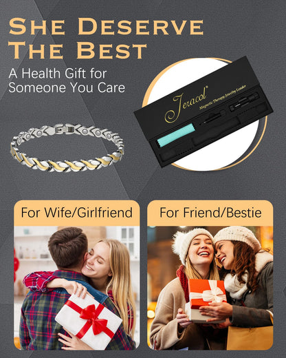 Jeracol Magnetic Bracelets for Women,Titanium Steel Ladies Magnetic Bracelets,Adjustable Wristband include sizing tool in Gift Box(Fish Tail Design-Silver Gold)