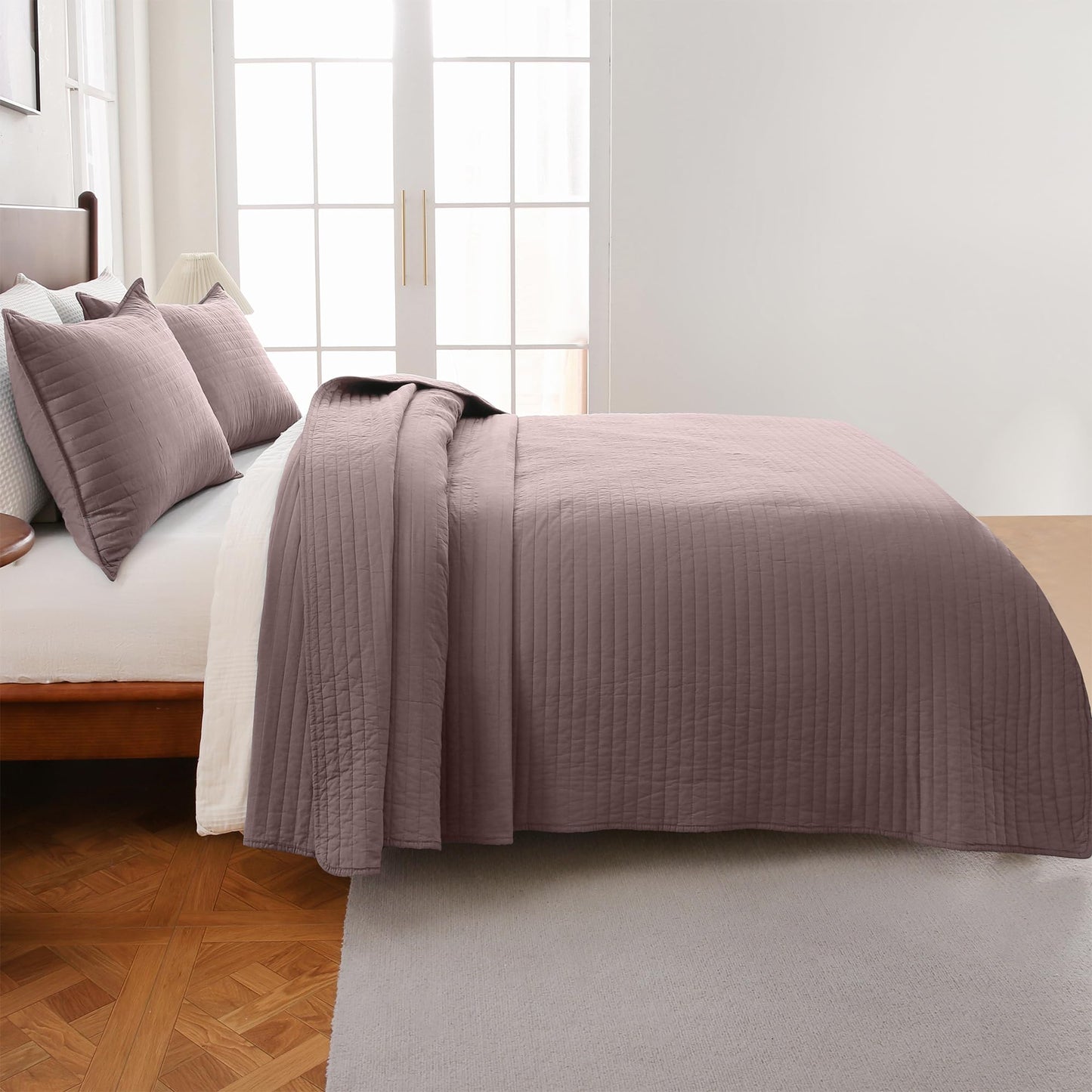 FDDX 100% Cotton Quilt Set Queen Size - Soft Lightweight Stripe Bedding Set, Classic Comforter Set for All Season with 2 Shams, Oversized Bedspread Coverlet, 90x98 inches
