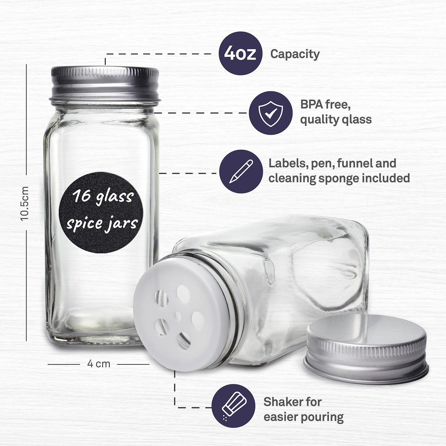 volila Spice Jars - 16 Pack 120ml Glass Spice Jars with Lids and Labels, Stickers, Pen, Cleaning Sponge and Funnel - Refillable Square Seasoning Jars for Spices, Herbs, Salt and Pepper