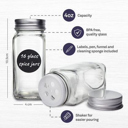 volila Spice Jars - 16 Pack 120ml Glass Spice Jars with Lids and Labels, Stickers, Pen, Cleaning Sponge and Funnel - Refillable Square Seasoning Jars for Spices, Herbs, Salt and Pepper