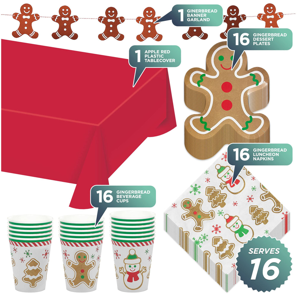 HOME & HOOPLA Gingerbread Man Shaped Paper Dessert Plates, Napkins, Cups, Table Cover, and Hanging Garland for Christmas Holiday and Winter Parties (Serves 16)