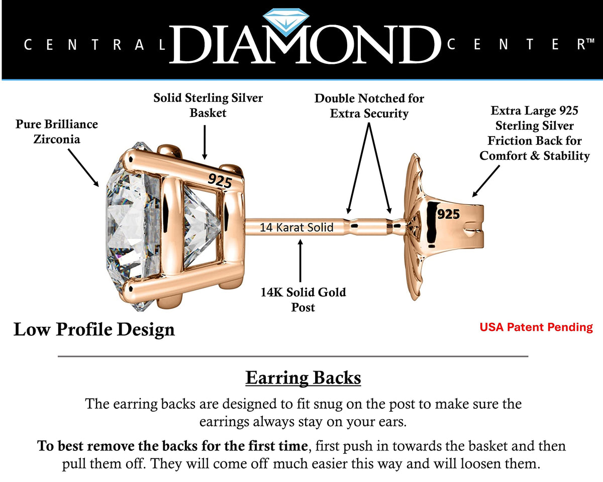 Central Diamond Center 14K Solid Gold Post & Sterling Silver 4 Prong CZ Stud Earrings - Rose Gold Plated - 10.0mm - 8.00cttw