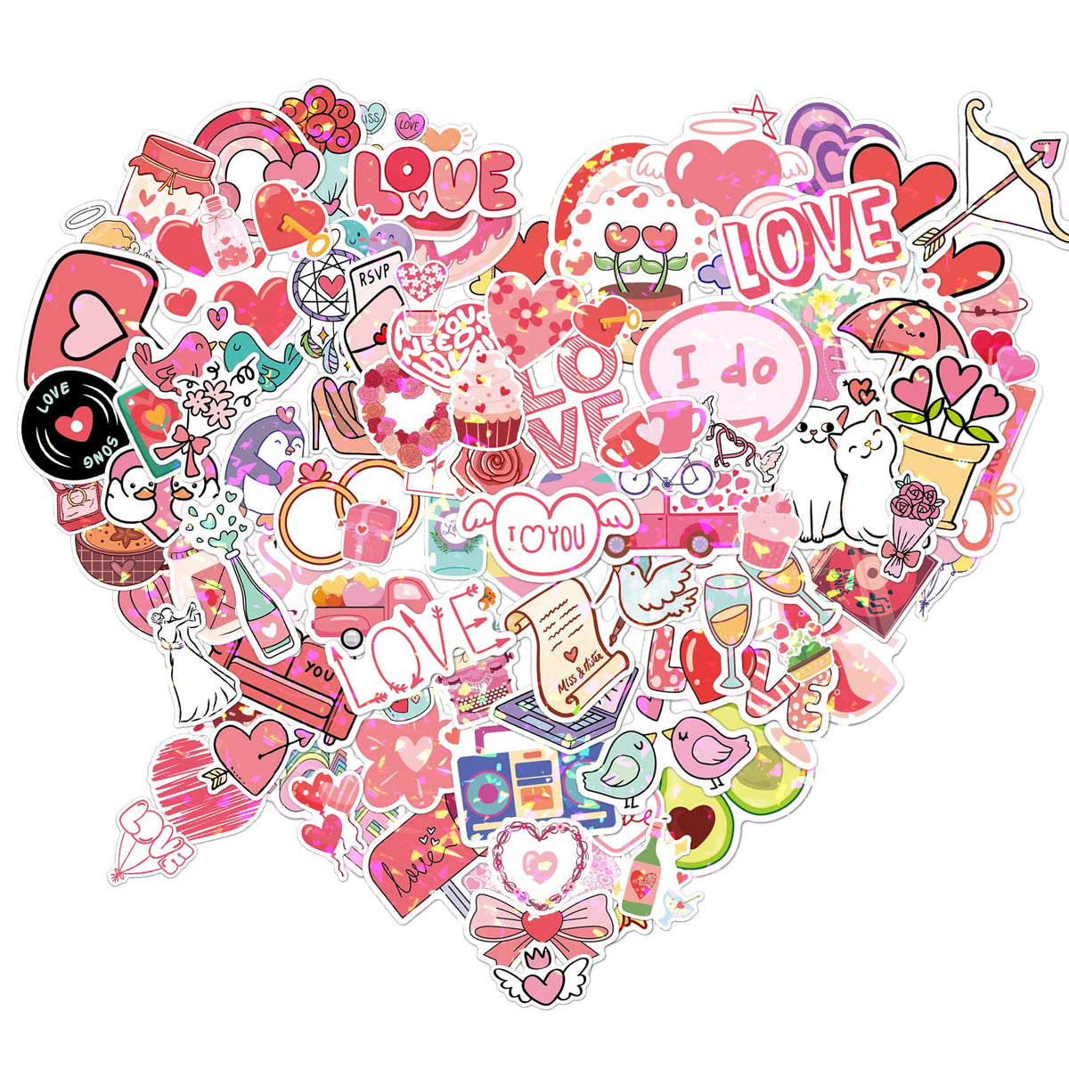Valentines Stickers, Love Stickers, 100 PCS Holographic Valentine's Day Sticker, Pink Heart Decal Bulk, Waterproof Vinyl Sticker for Waterbottle, Scrapbooking, Envelope Card Mailbox Classroom Gift