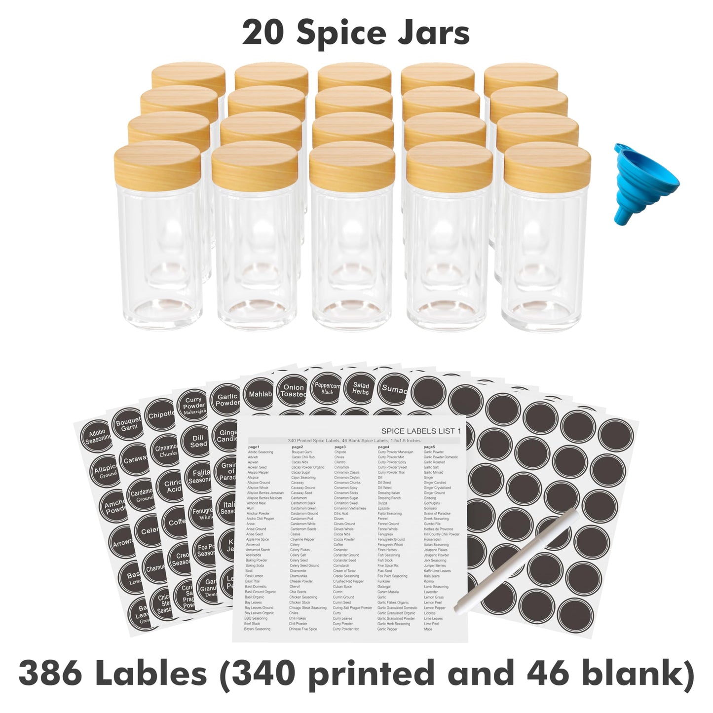 Revolving Spice Rack Set with 20 Spice Jars, Kitchen Spice Tower Organizer for Countertop or Cabinet -- Carousel Storage Includes 386 Spice Labels -- Desktop Rotating Seasoning Organizer