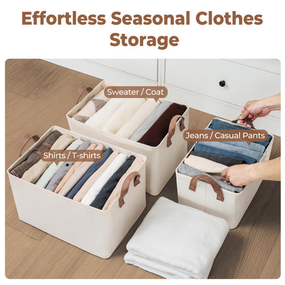 StorageWorks Fabric Storage Boxes for Shelves, Large Storage Baskets with Metal Frame, Foldable Clothes Storage Boxes, Bedroom Top of Wardrobe Organisation with Handles, Beige, 2-Pack