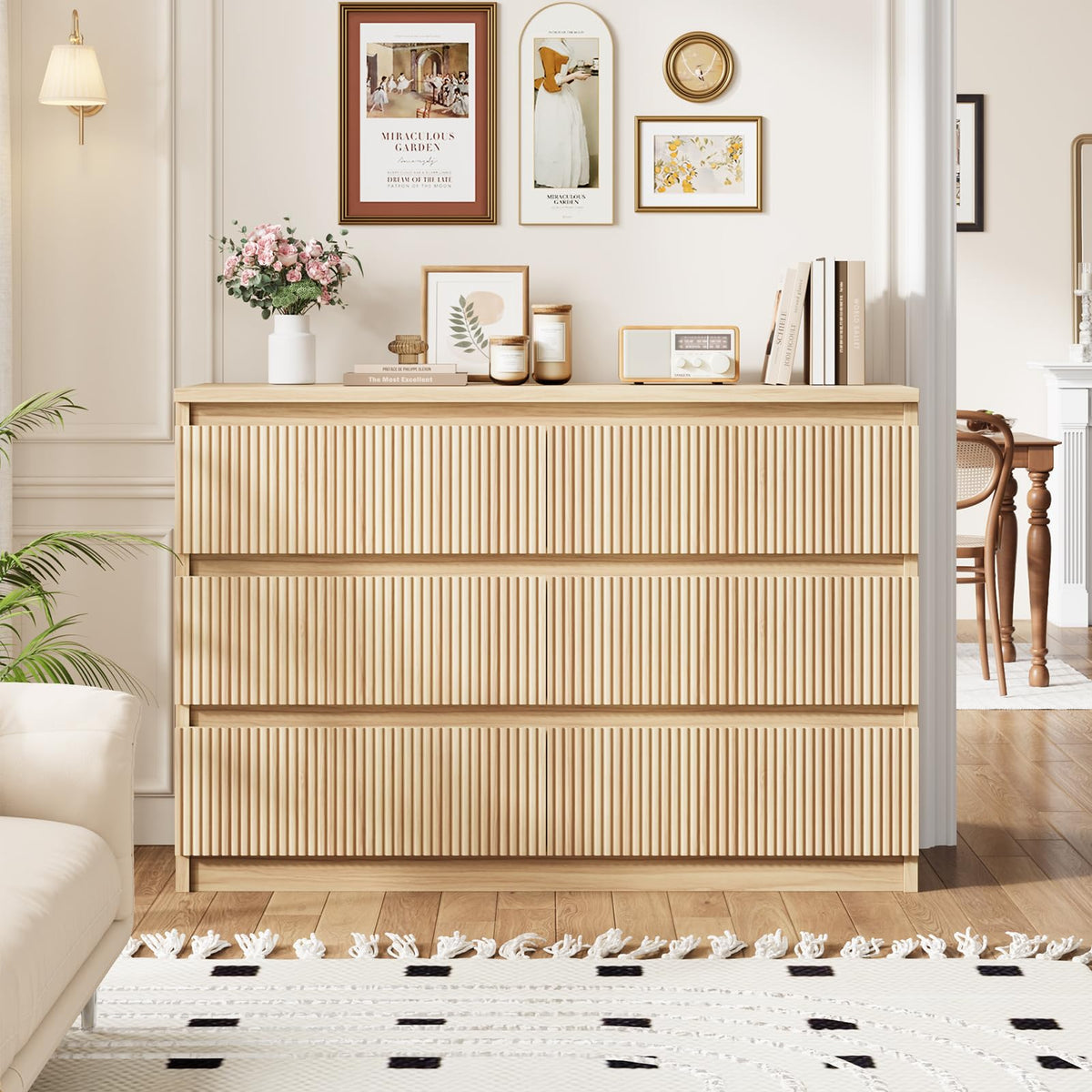 Jocoevol 6 Drawer Fluted Dresser, Modern Chest of Drawers for Bedroom with Hidden Handles, Wood Storage Organizer Cabinet for Living Room & Entryway, Natural Oak (15.7" D x 47.3" W x 31.6" H)
