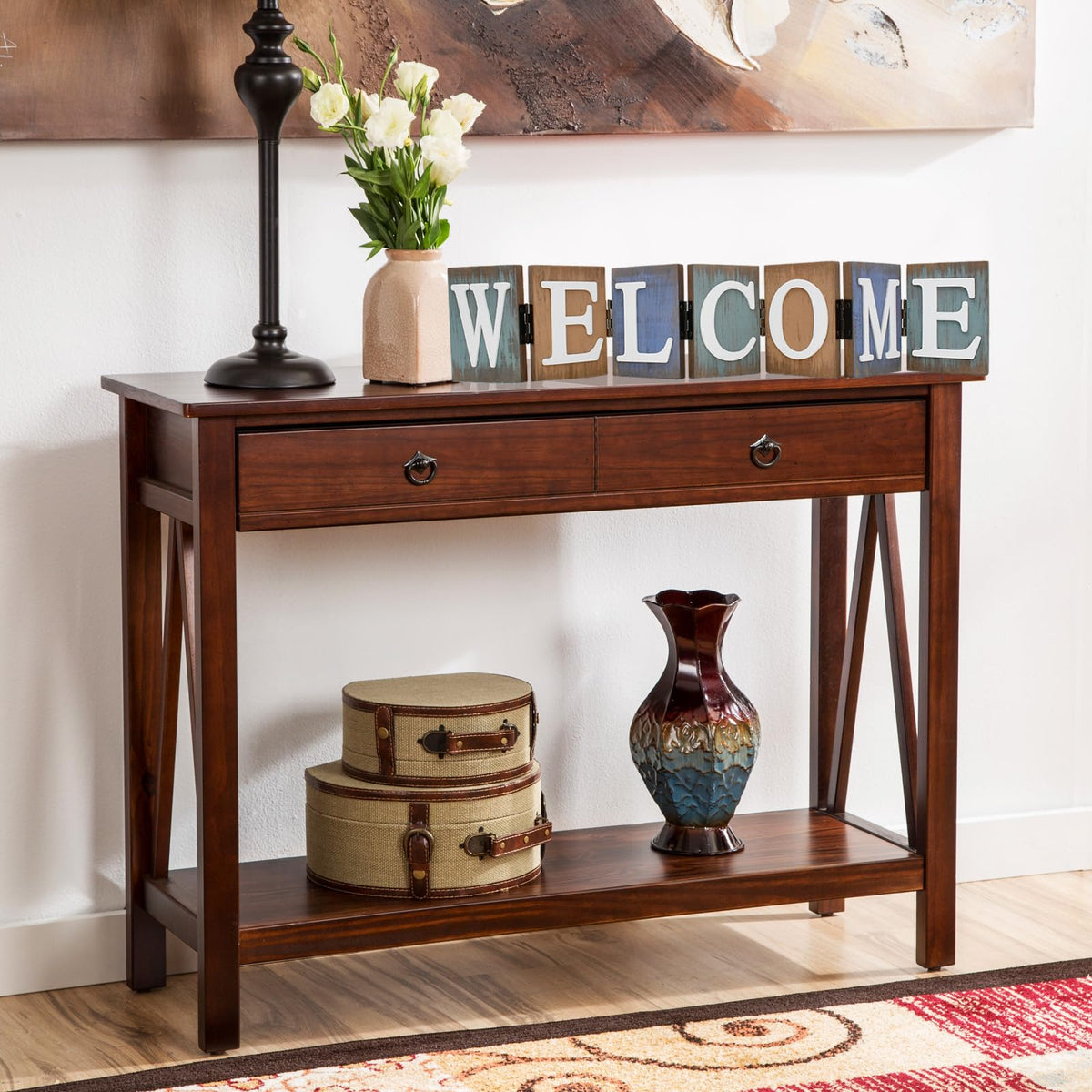 Rustic Wood Welcome Sign Cutout, Teal Wooden Tabletop Folding Decorative Word Sign, Freestanding Hinged Block Letters Home Decor