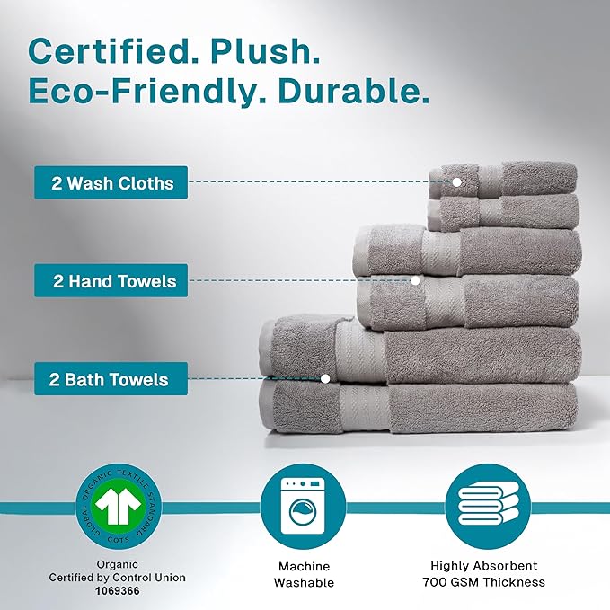 Fabdreams 100% Organic Cotton Bath Towel Set of 6 700 GSM Hotel Premium Plush