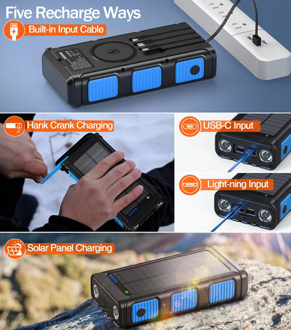 GOODaaa Power Bank Wireless Charger 45800mAh Built in Hand Crank and 4 Cables 15W Fast Charging Power Bank 7 Outputs & 4 Inputs Solar Portable Charger, SOS/Strobe/Strong Flashlights, Compass