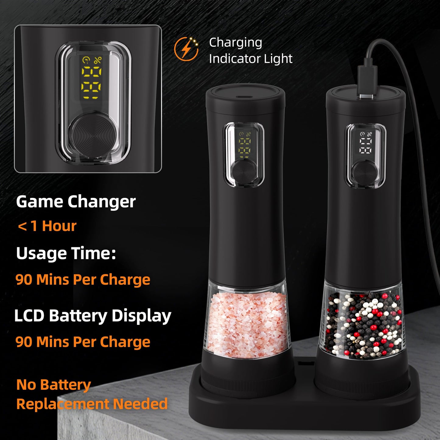 Electric Salt and Pepper Grinder, Rechargeable Automatic Pepper Mill with Base,5-Level Adjustable Coarseness, Display, LED Lighting, Large Capacity-Ideal for Kitchen, BBQ Gifts (1, Black-A)