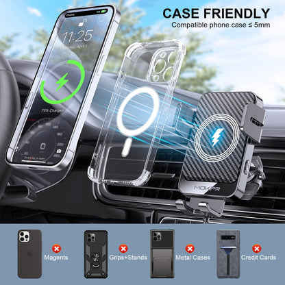 MOKPR Car Phone Holder Wireless Charger, 15W Wireless Car Charger, Auto-Clamping Car Phone Holder Charger Air Vent Mount Compatible for iPhone 15/14/13/12/11/X/8, Samsung S22/S21/S20, etc