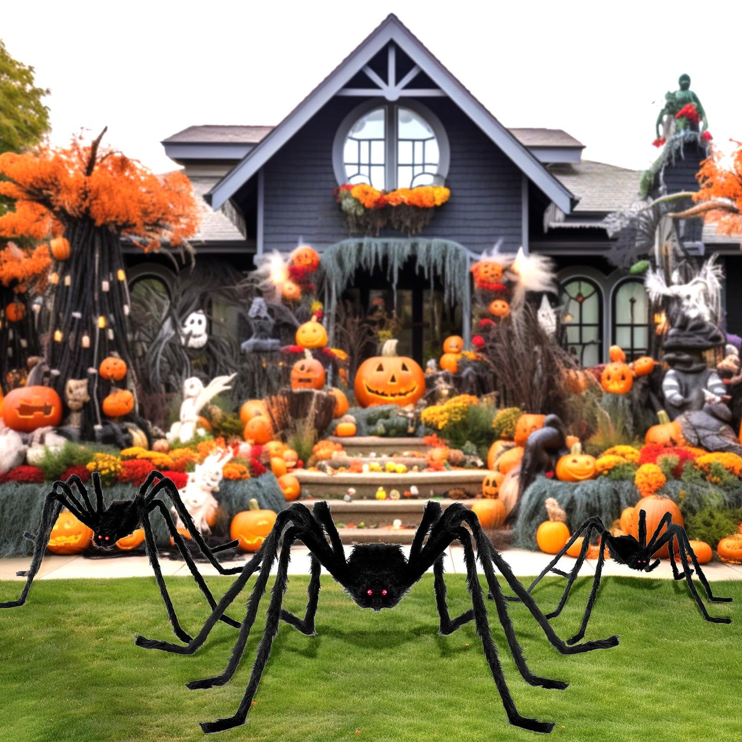 Nirohee 2 Pack Halloween Decorations Outdoor,4.1+5 ft Hairy Giant Spider Halloween Party Decor Large Hairy Spider Scary Fake Large Spiders Props for Yard Decoration Party Decor