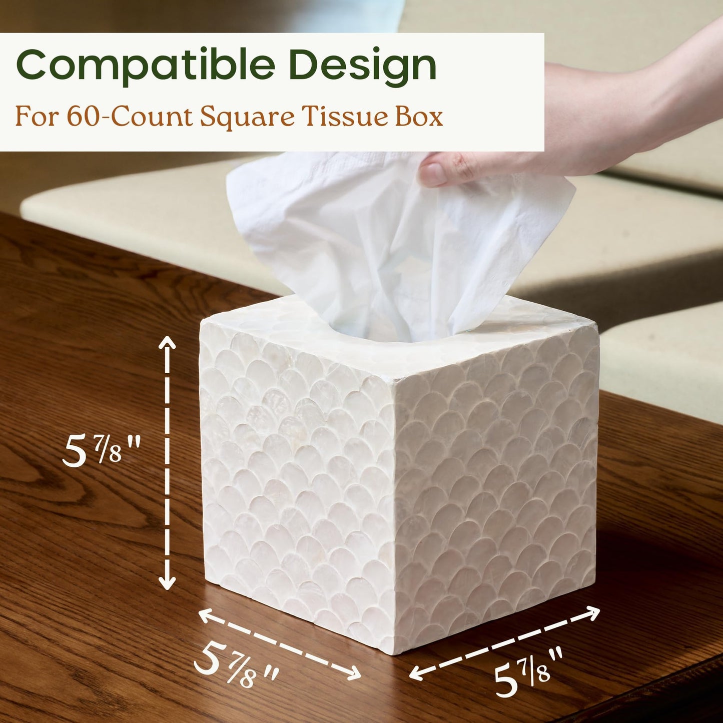 CHI AN HOME 5.5” Capiz Tissue Box Cover, Square Decorative Tissue Holder with Bottom Slider, Handmade Bathroom Accessories, Elegant White Cube for Vanity, Bedroom, Office & Coastal Décor (Natural)