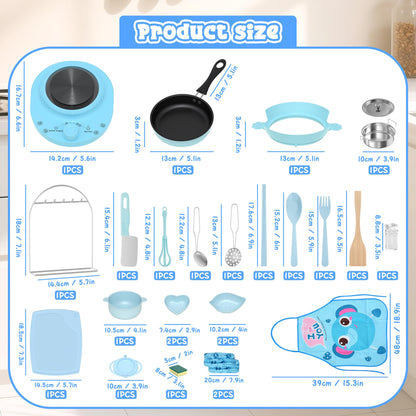 Gotoofun Kids Cooking Set Real for Beginners, 28PCS Mini Kitchen Starter Set with Anti-Slip Safety Guard, Easy Cooking Toys for Boys Girls Ages 8-12, Blue