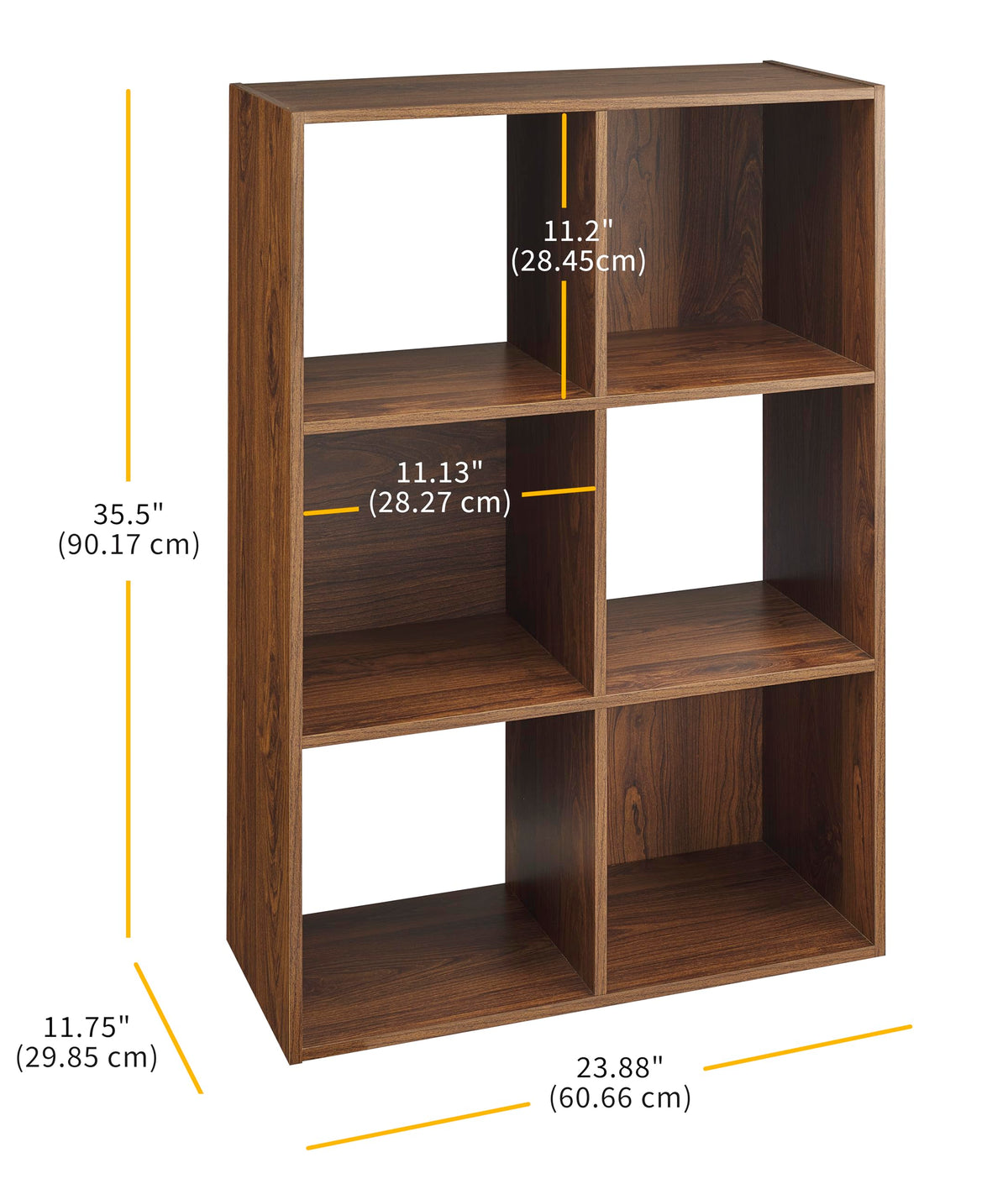 Whitmor 6 Cube Bookcase Storage Organizer, 3 Tier Stackable MDF Bookshelf, Open Storage Display Shelf, Storage Cabinet for Living Room, Bedroom, Home, Office, 23.9" L x 11.7" W x 35.5" H, Walnut