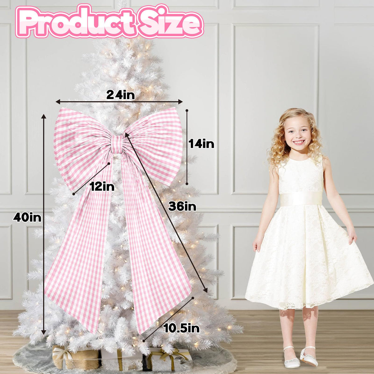 Big Pink Bow Decor Giant Pink White Checkered Coquette Bow for Birthday Party Decorations for Girls, Large Ribbon Tie Hanging Gift Coquette Wall Decor (Textured Cotton, Internal Stability Layer)
