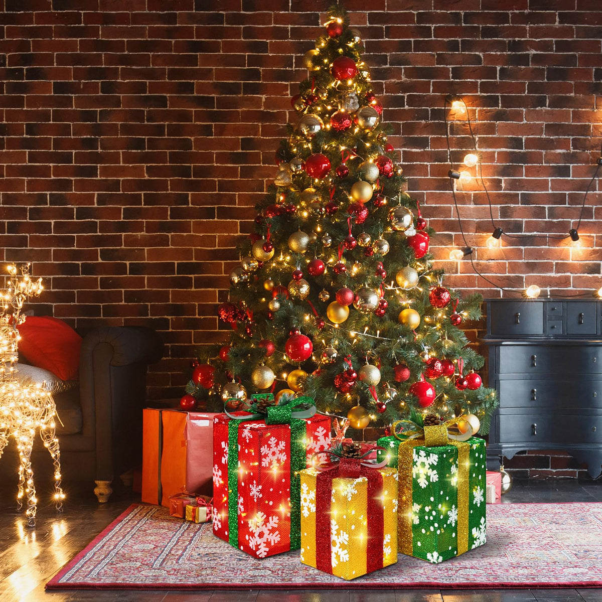 DomKom Set of 3 Tall Christmas Lighted Gift Boxes Decorations - Plug in 60 LEDs Present Box - Rectangular Light Up Xmas Tree Skirt Ornament Outdoor/Indoor Vertical Holiday Decor