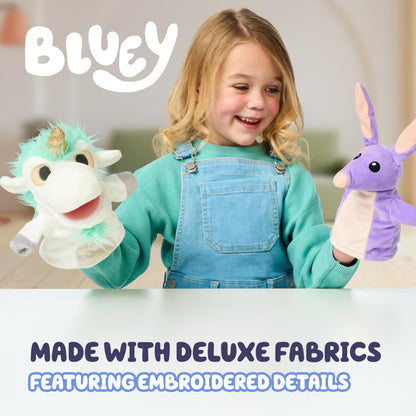 Bluey Unicorse & Bob Bilby Hand Puppet Plush 2-Pack – 8-9” Soft Deluxe Fabric, Embroidered Details, Perfect for Toddler Hands, Imaginative Play, Official Bluey Toys, Amazon Exclusive