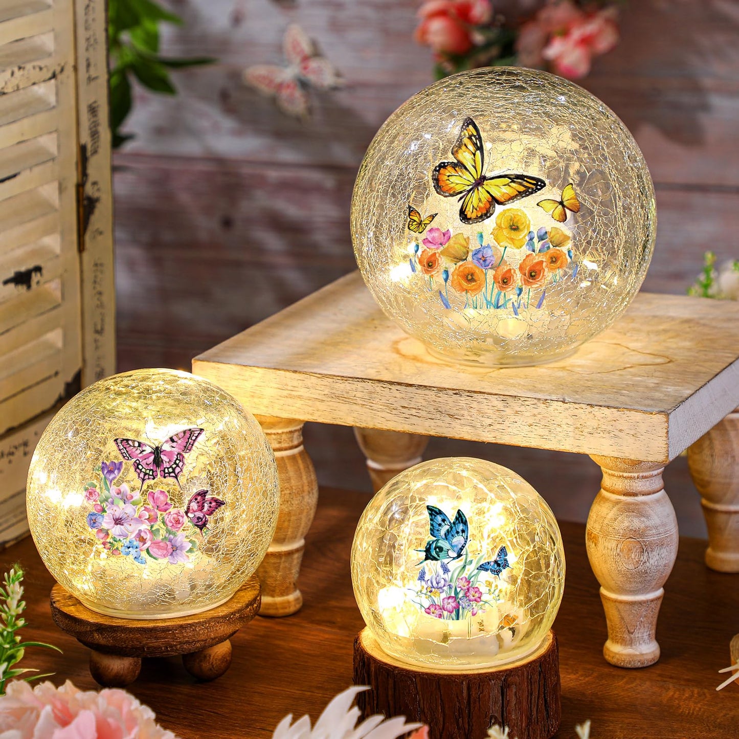 3pcs Spring Crackle Glass Ball Lights - Butterfly Ball Lamp Ornaments Indoor Globes Decorations LED Night Tabletop Decorative Sphere Lamp for Home Decor