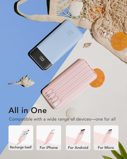 charmast 20000mAh Portable Charger with Built in Cables, 22.5W Travel Power Bank Fast Charging, USB C Cell Phone Battery Pack for iPhone 17/16/15/14/13/12 Series, iPad, Samsung, Android, Tablet