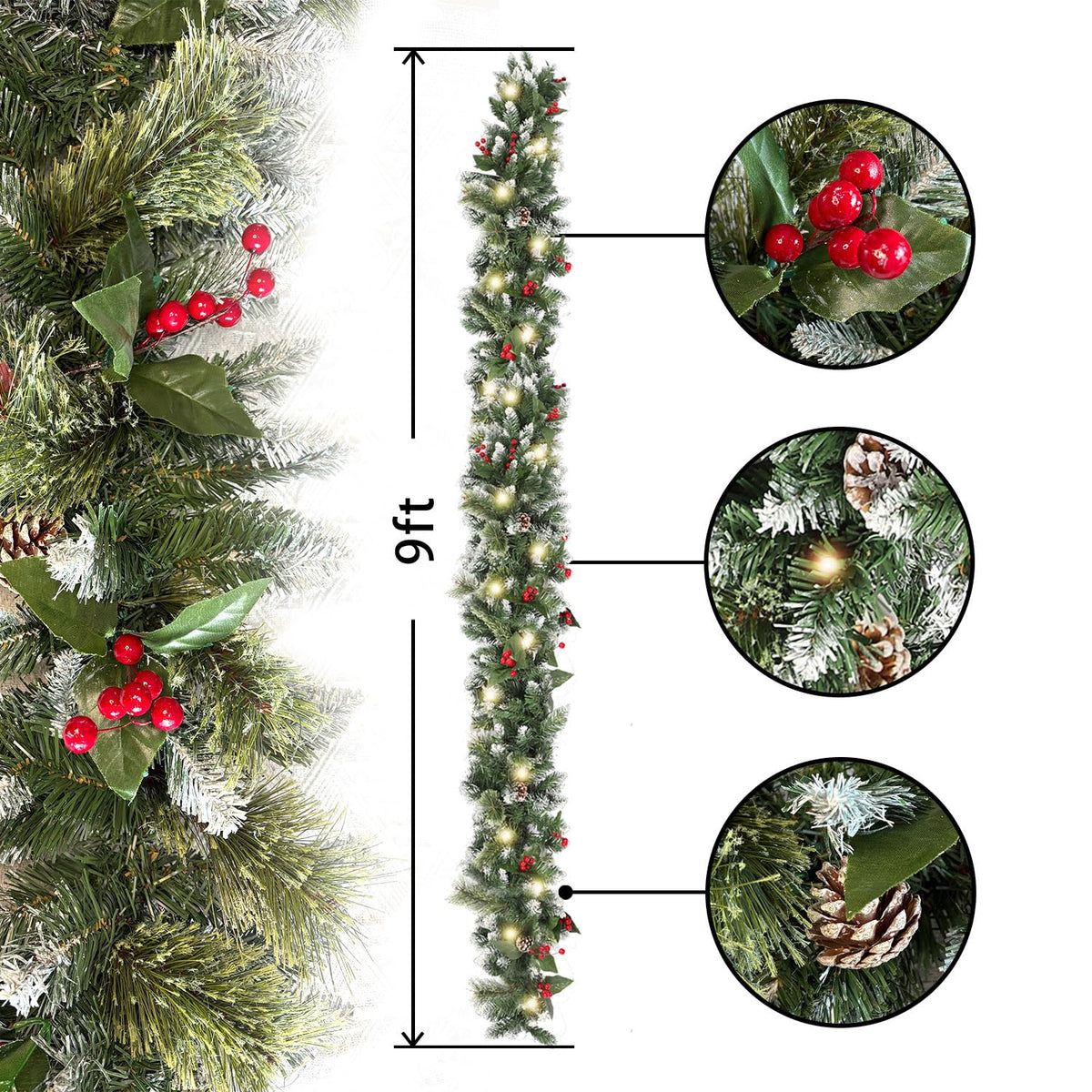 HipTree 9ft Christmas Garland with Lights,Lighted Artificial Flowering Pine Garland for Mantle,Prelit Faux Green Christmas Winter Garland with Pine Cones and Red Berry for Indoor Outdoor Decor