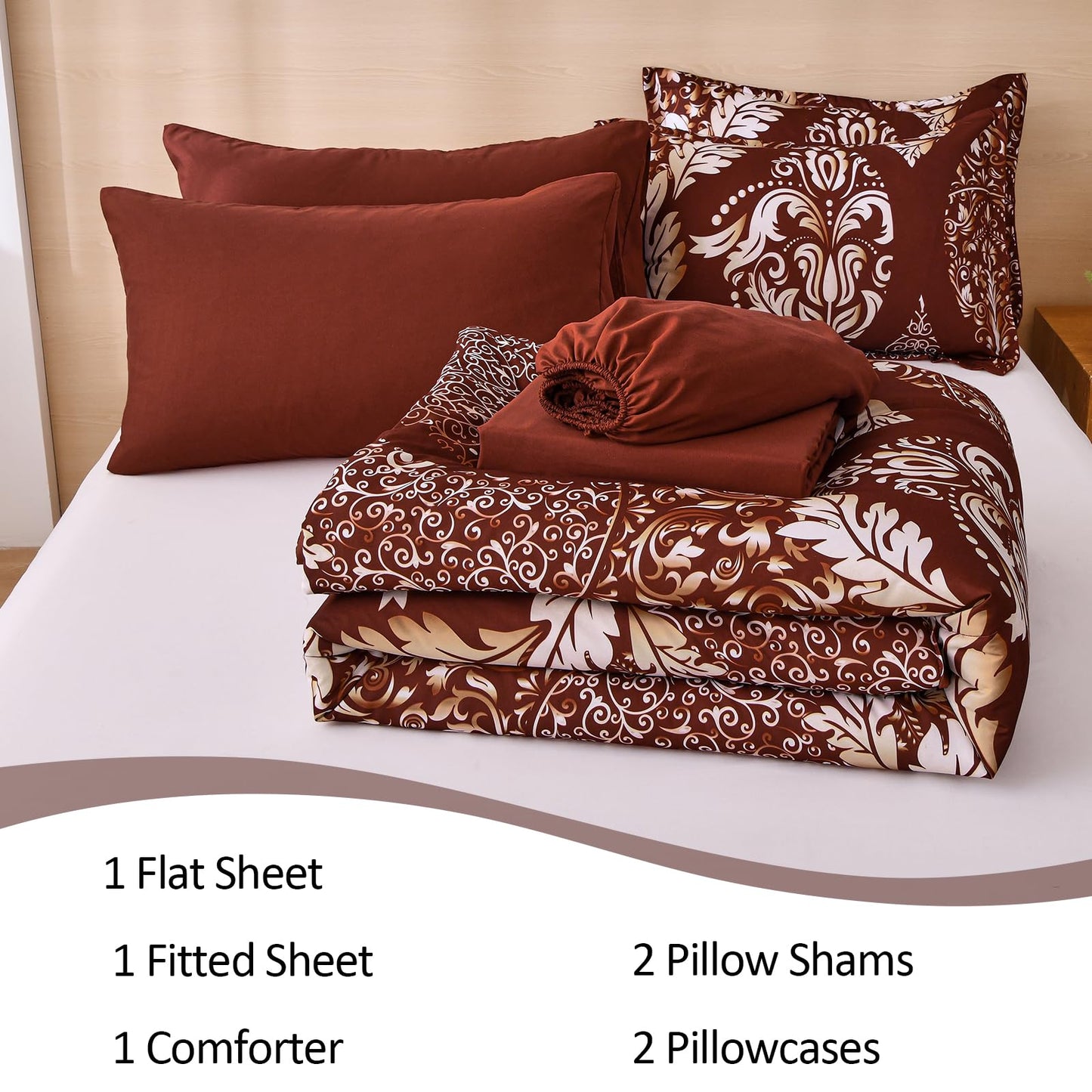 Anibedding Burgundy Comforter Set King Size, 7 Pieces Bed in a Bag Bohemian Damask Comforter Set, Soft Lightweight Microfiber Bedding Set for All Season (104"x90")