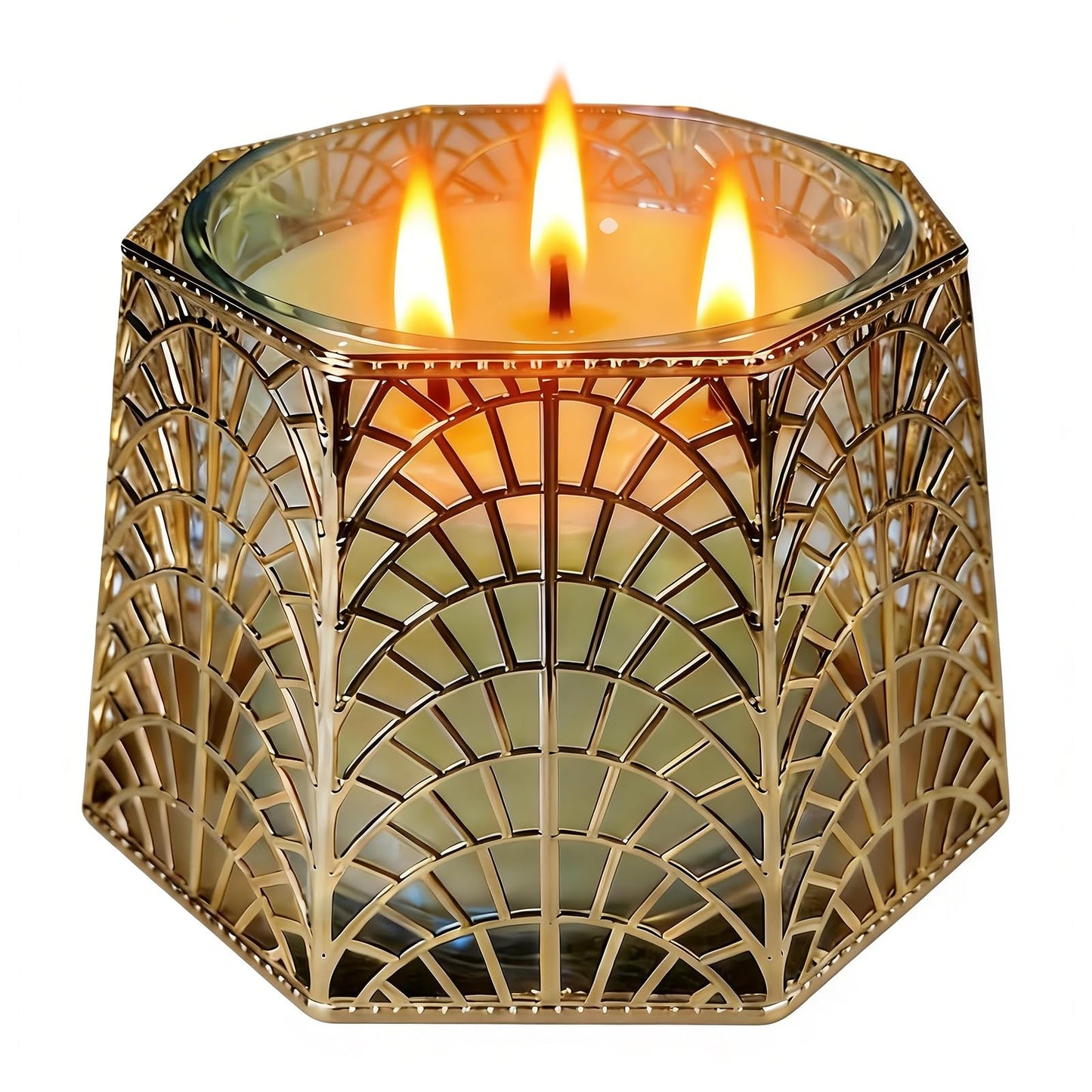 Dorephine 3 Wick Candle Holder, Golden Shell Design Candle Jar Holder for 4-Inch Diameter Jars (5.25" D x 3.5" H) (Golden)