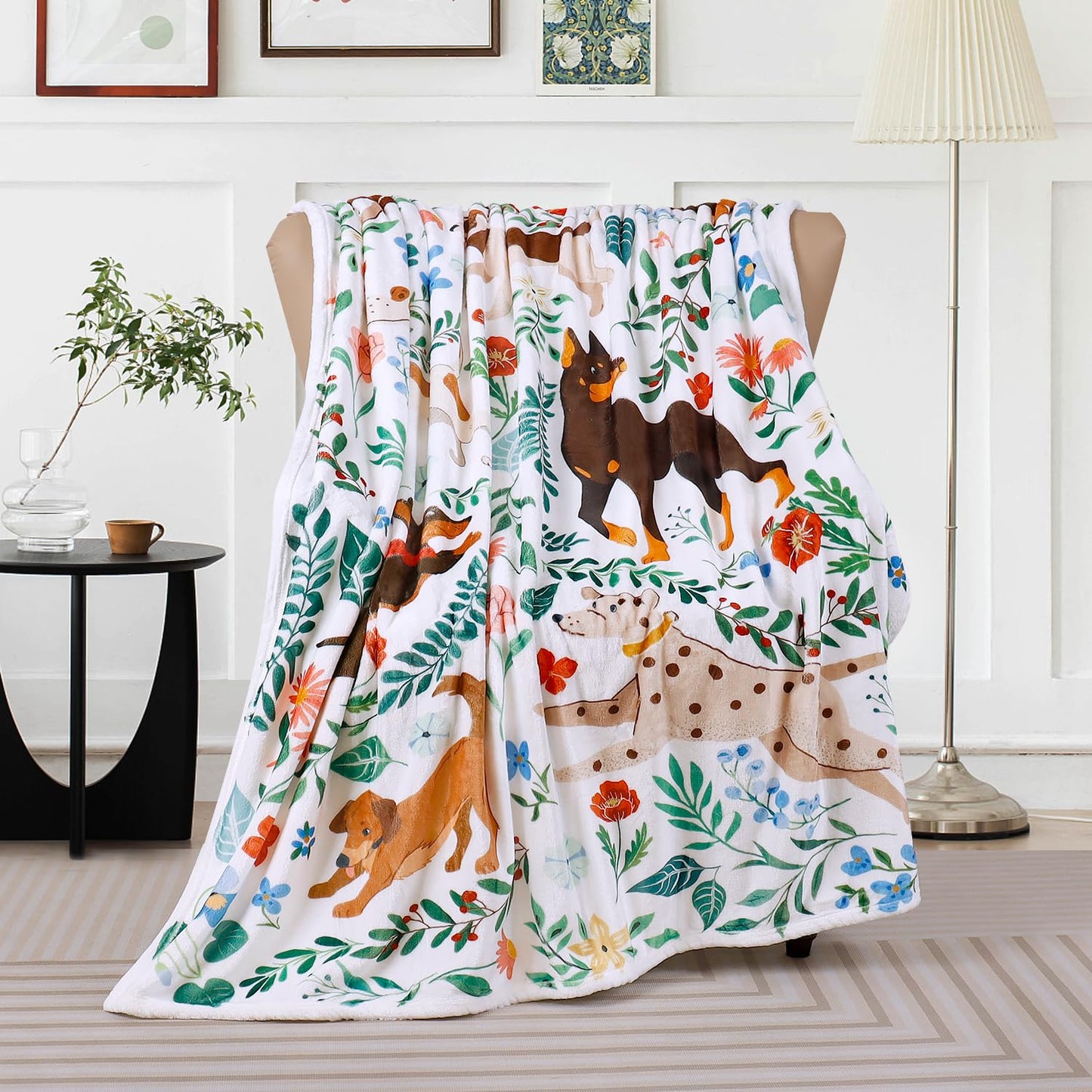 Dog Blanket Ultra Soft Floral Throw Blankets Gifts for Dog Lover Blanket Flower Leaves Flannel Fleece Throw Lightweight Warm Cozy Fuzzy Plus Cabin Blanket for Bed Sofa, 50" X 60"