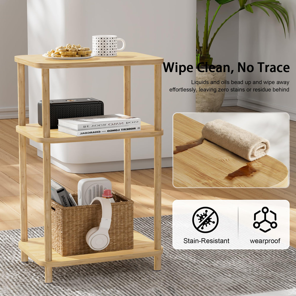SANLUCE Bamboo End Table, Side Table for Small Space with Storage Shelf, Small Table Stand, Narrow Wooden Bedside Table Nightstand, Toolless Assembly, for Nursery, Living Room, Bedroom, Natural