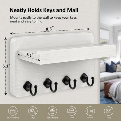 Nekon Key Holder Wall Mount, 8.5 Inch Small Home Decor Wooden Wall Organizer with 4 Hooks and Shelf, Key and Mail Holder for Living Room Entryway Kitchen(White)