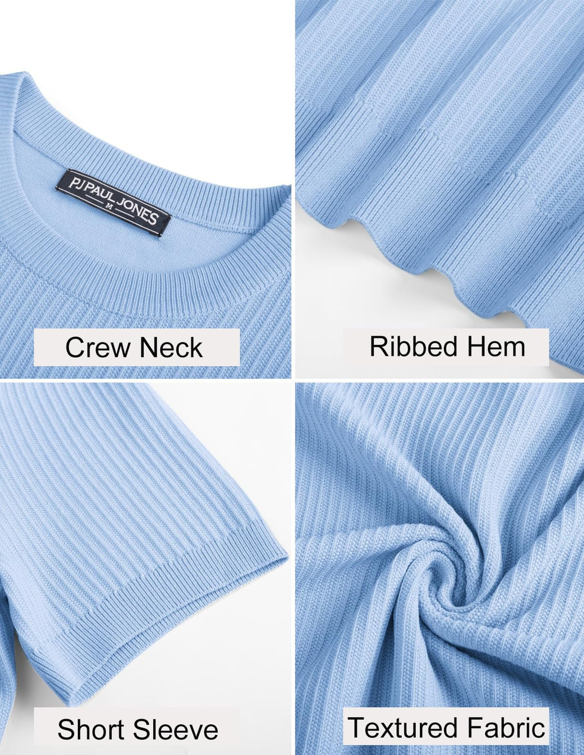 PJ PAUL JONES Knitted Shirt for Men Crew Neck Tees Short Sleeve Pullover Casual Slim Fit Men's T Shirts Light Blue