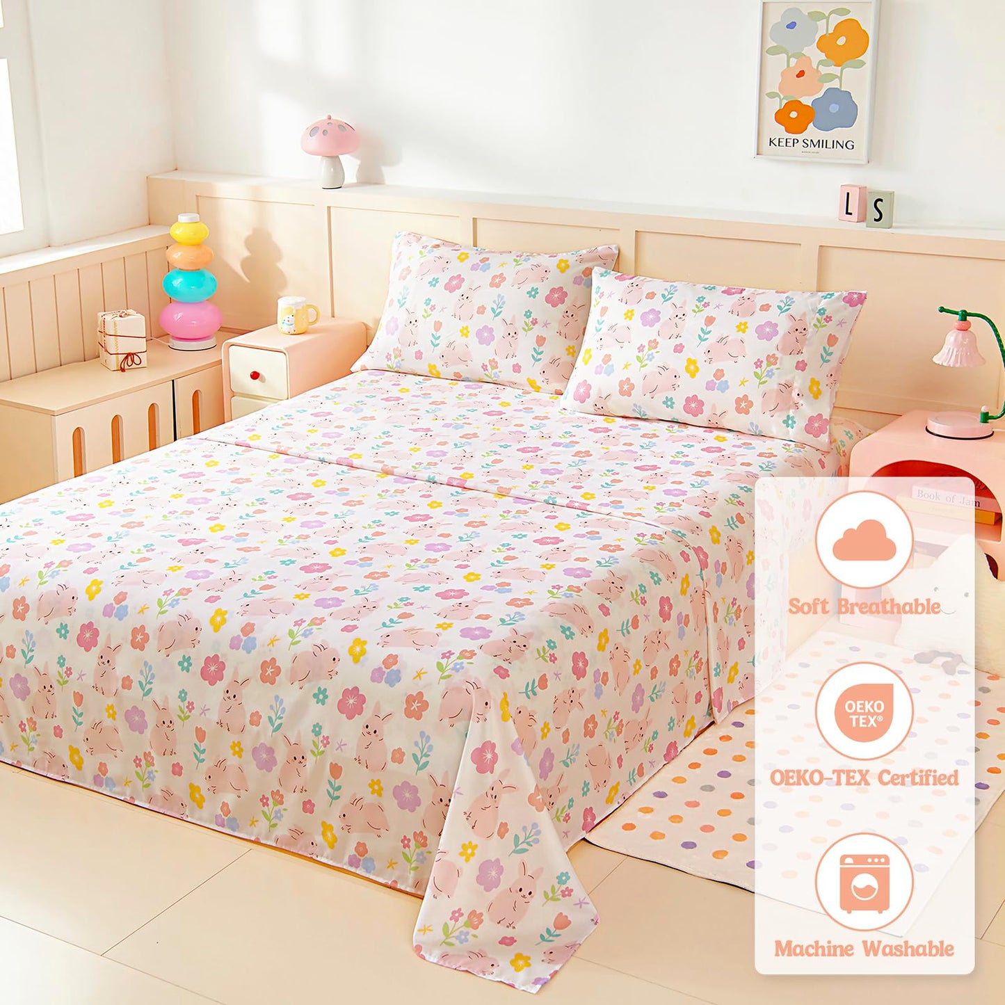 MCO Twin Sheets Set Kids, Soft Microfiber Bed Sheet Set for Boys Girls, 3 Pieces Breathable Twin Sheets Rabbit