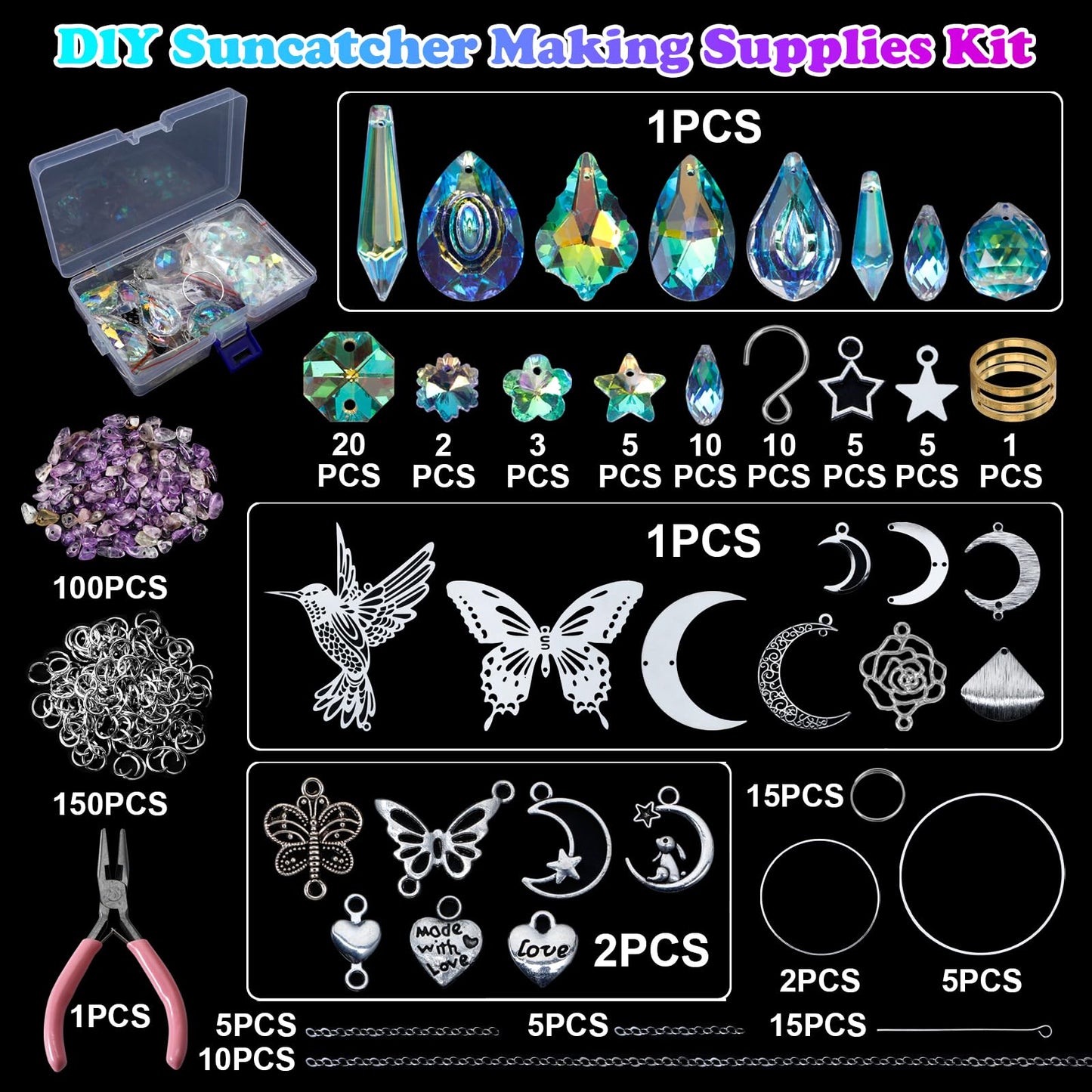 HYBEADS DIY Suncatchers, 400pcs Sun Catchers Making Supplies Kit Art and Crafts for Adults Hanging Prism Sun Catcher with Crystals Rainbow Maker for Indoor Window Home Wedding Garden Christmas Decor