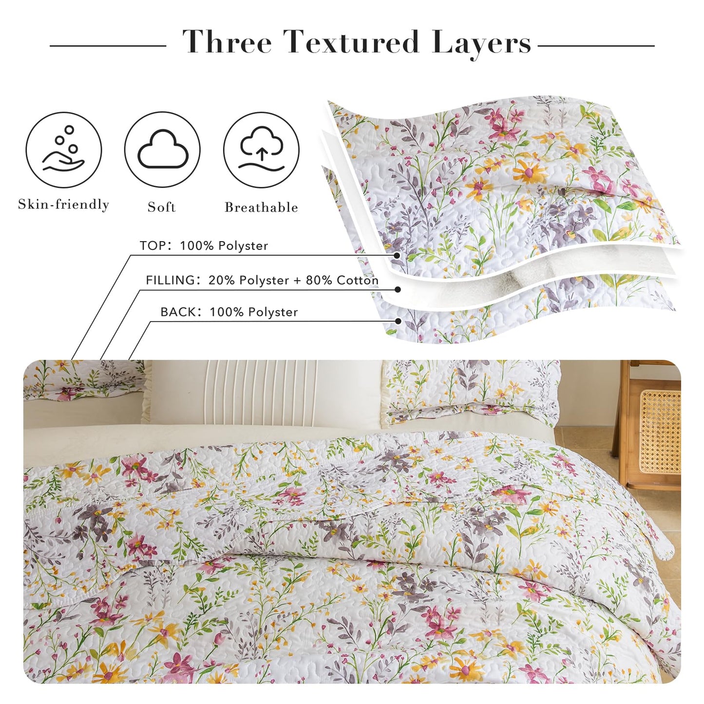 Masaca Oversized King Bedspread 128"x120",Yellow Wild Flower Botanical Printed Pattern Floral Oversized King Quilt Set Lightweight Scallop Extra Large California King Size Quilt Bedding Coverlet Set