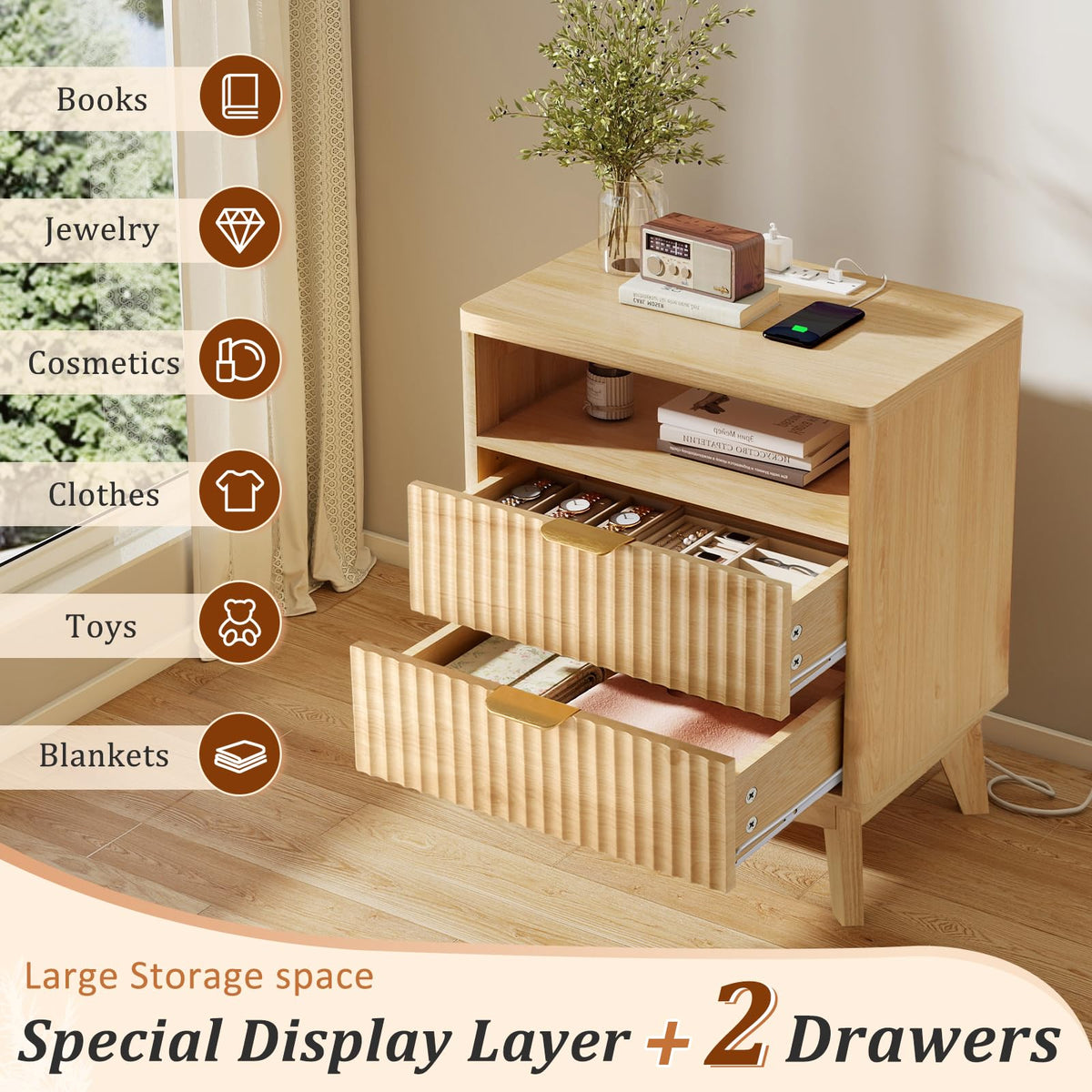 LYNCOHOME Fluted Nightstand with Charging Station, 19.7 inch Wide End Table with 2 Drawers, Modern Wood Bedside Table for Bedroom,Natural,1 Pcs