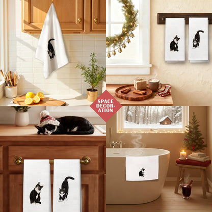 Exqcom Funny Tuxedo Cat Kitchen Towels Set of 2, Cat Lover Mom Lady Gifts Hand Towels for Bathroom Kitchen, Black and White Kitty Kitten Decorative Dish Towels Drying Cloth, 16x24 Inch Set of 2