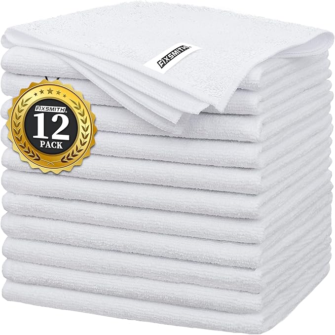 FIXSMITH White Microfiber Cleaning Cloth -Pack of 12, Highly Absorbent Cleaning