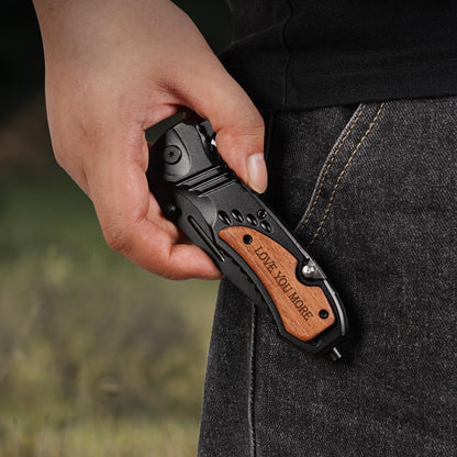 Gifts for Him Husband Men Valentines Day, Anniversary Birthday Gifts ideas for Boyfriend, Engraved Pocket Knife, Wooden Handle Folding Knife with Wood Box, Unique Outdoor Camping Hunting Fishing Tool