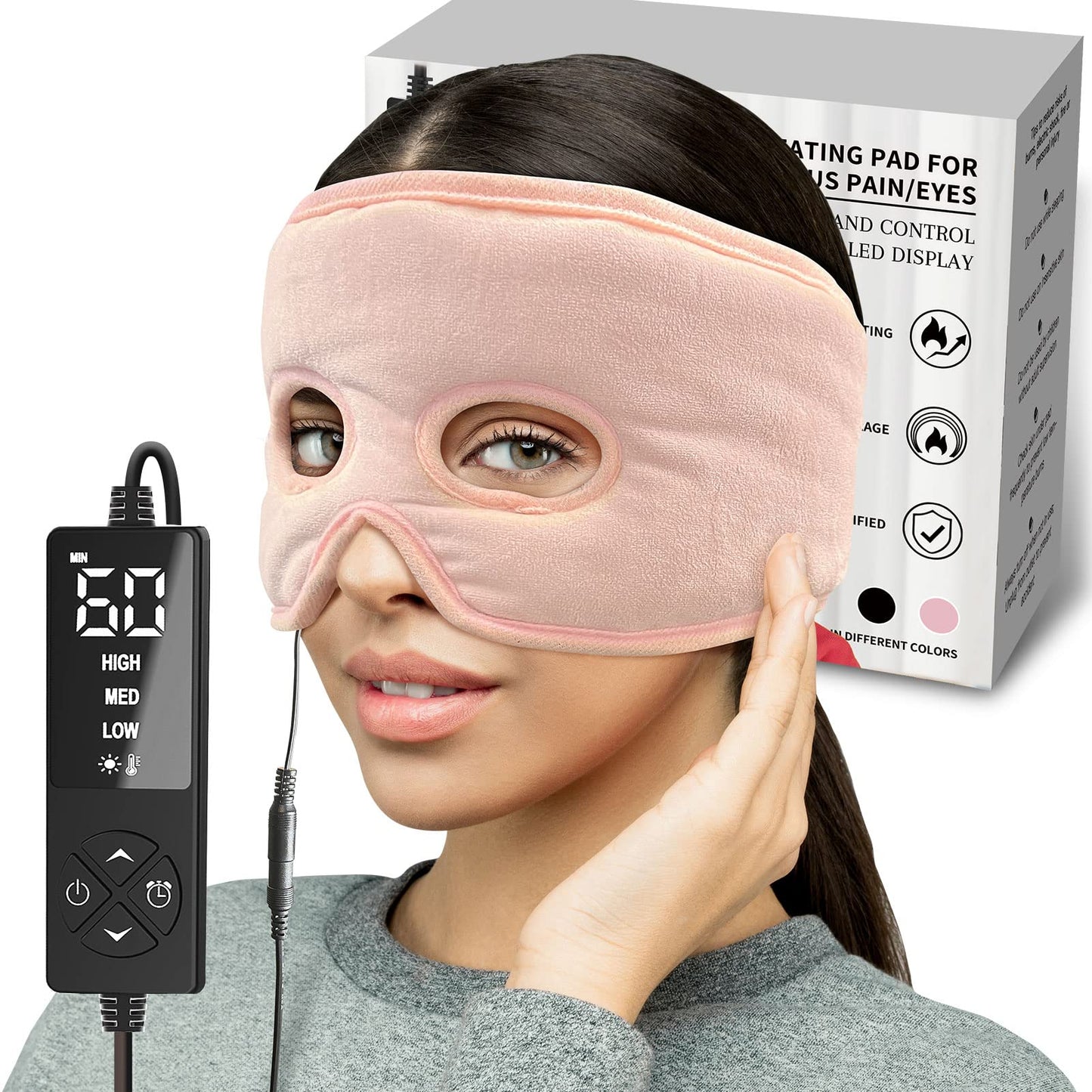 Moist Heat Sinus Pressure Relief Mask with 3 Heat Settings, Extra Large Face Heating Pad for Eyes, Sinusitis, Hormone Migraine, Tension Headache Relief Black