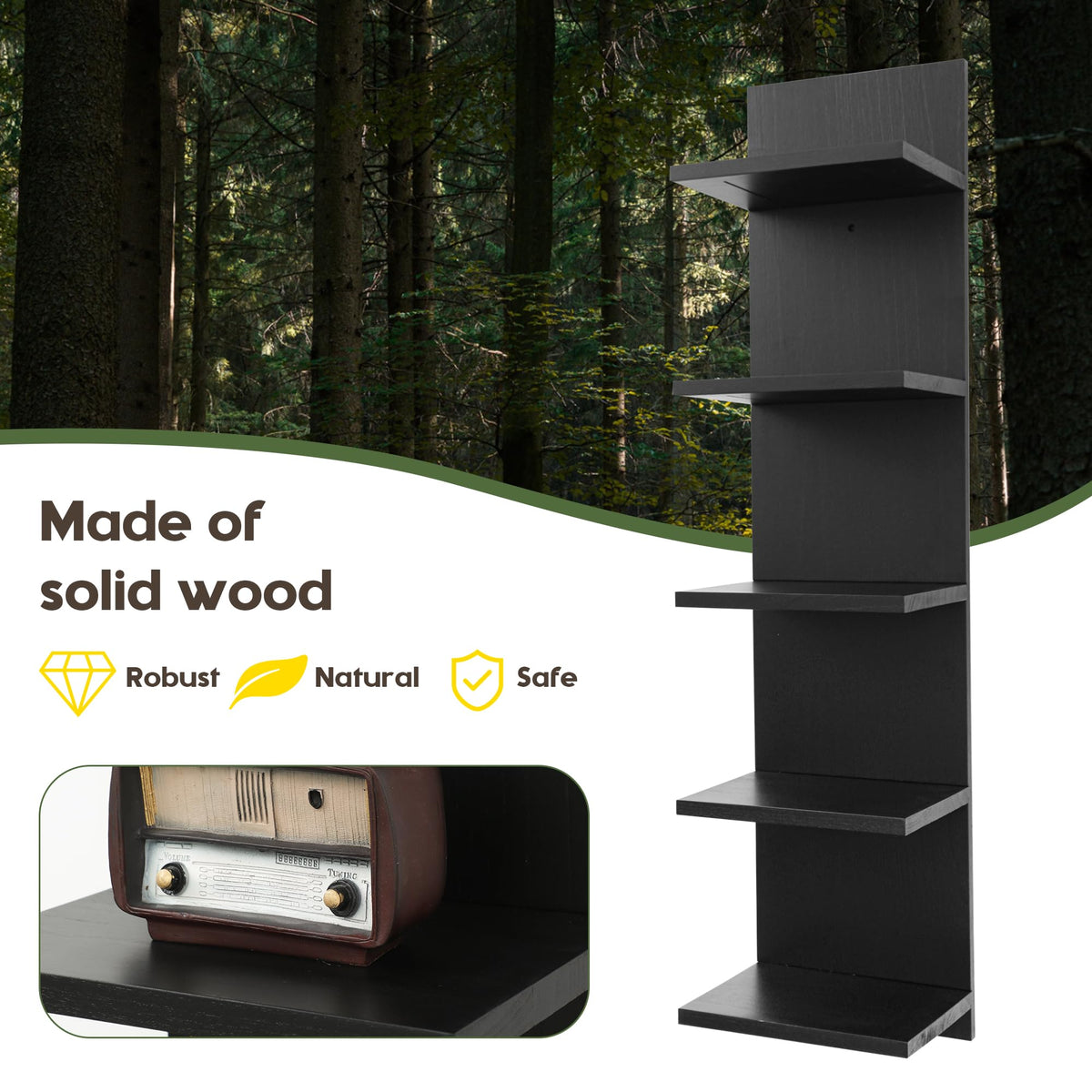 NIUBEST Wooden 5 Tier Wall Shelf,Vertical Column Floating Storage Home Decor Organizer,Floating Shelf Wall Decor Shelves for Bedroom, Living Room,Vanity(Black)