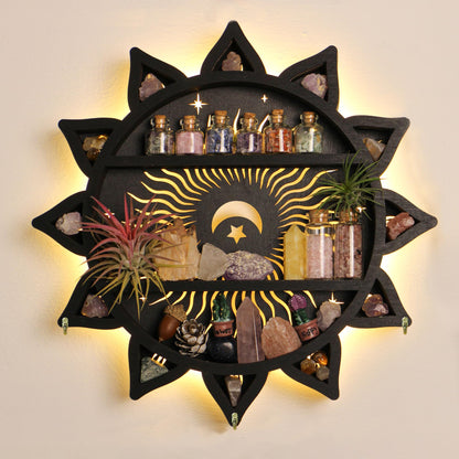 FNYDOX Chakra Lotus Flower Crystal Display Shelf with LED Light, Witchy Home Decor Boho Decorative Wall Mounted Trinket Shelf Wooden Sun Moon Shelf Rock Case Stone Storage Floating Hanging Holder