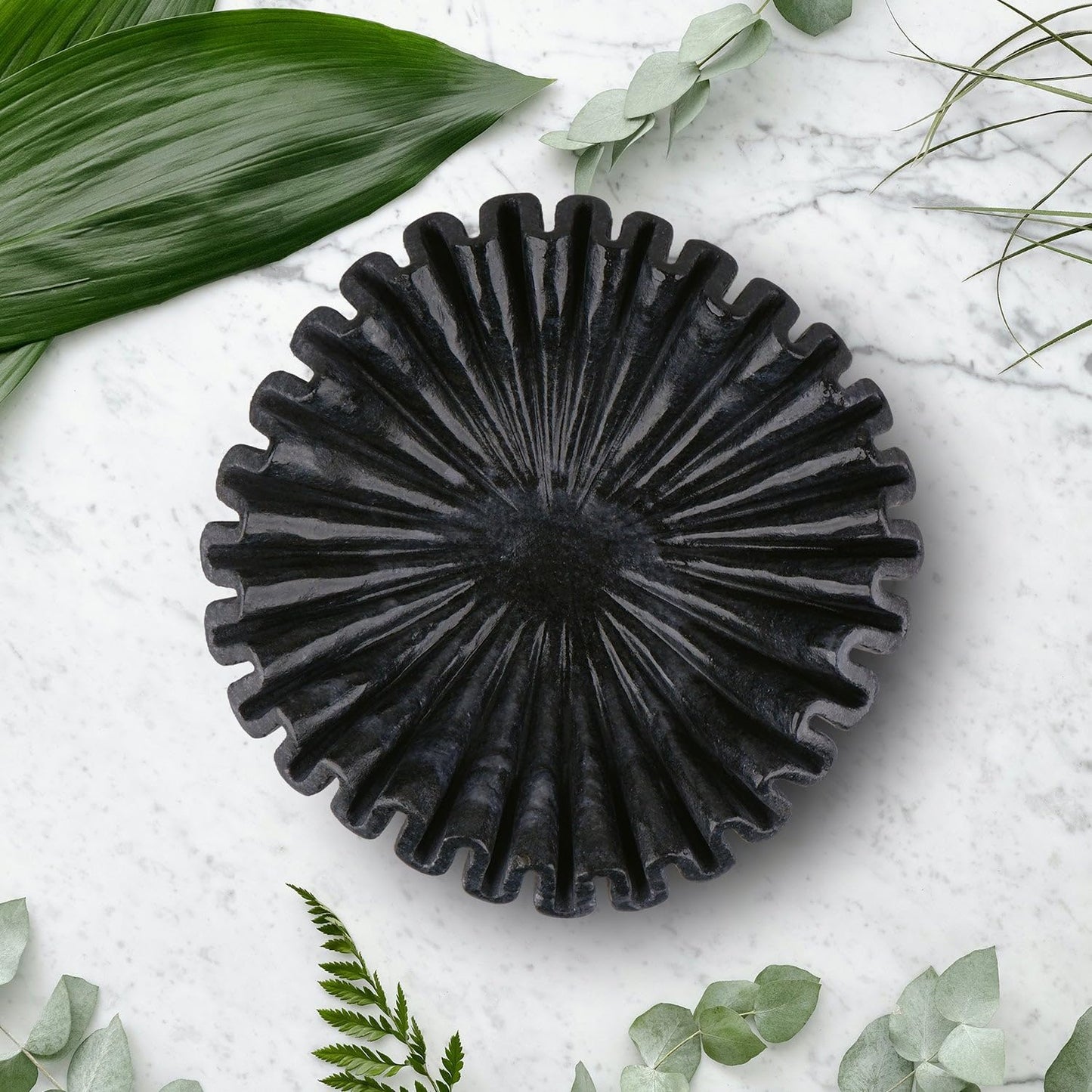 Black Marble Ruffle Bowl 6 Inches for Home Decor, Table Centerpiece, Jewellery Display Dish, Small Fluted Marble Bowl (6 Inches)
